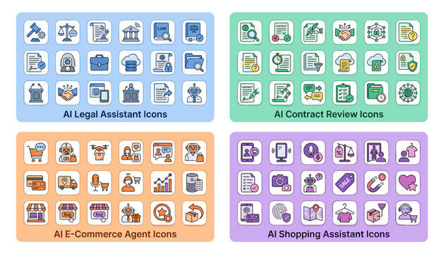 Set of ai technology icons for legal assistant, contract review, ecommerce agent, and shopping assistant services