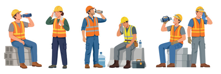 Obraz premium Illustration of construction workers taking breaks, drinking water, and resting on-site during a hot day in safety gear and hard hats