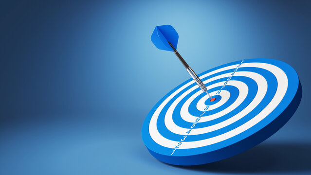 Target objective success concept. Target goal dart bullseye growth aim. Blue dart hit a target. 3d illustration.