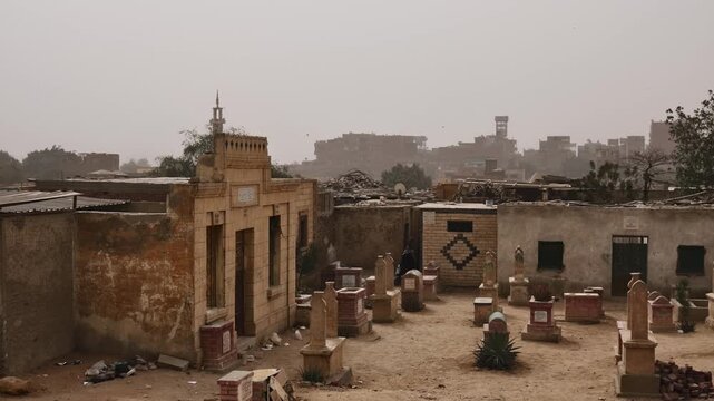 Moody view over Cairo necropolis, Egypt, Mamluk era mausoleum domes and crumbling tomb structures among palm trees with sandstorm casting orange haze over city.