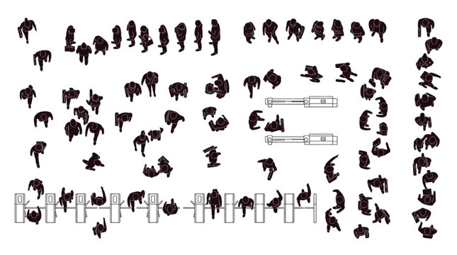 Top view people silhouette set with turnstile gate, walking crowd aerial site plan figure illustration
