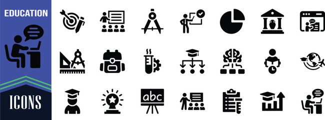 Education and learning vector icons. graduate icon set, backpack icon set, blackboard icon set © Liza