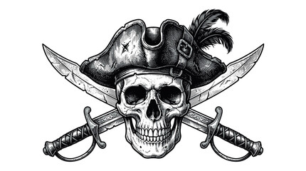 Fototapeta premium Detailed woodcut illustration of a pirate skull in a tricorn hat with crossed cutlasses. Ideal for apparel and nautical branding.