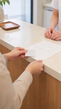 Customer handing card and application form at reception counter for ch