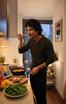 Young man tasting homemade food while cooking in a modern apartment kitchen