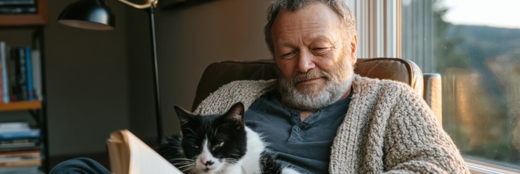 Senior man relaxing with black and white cat by window at home