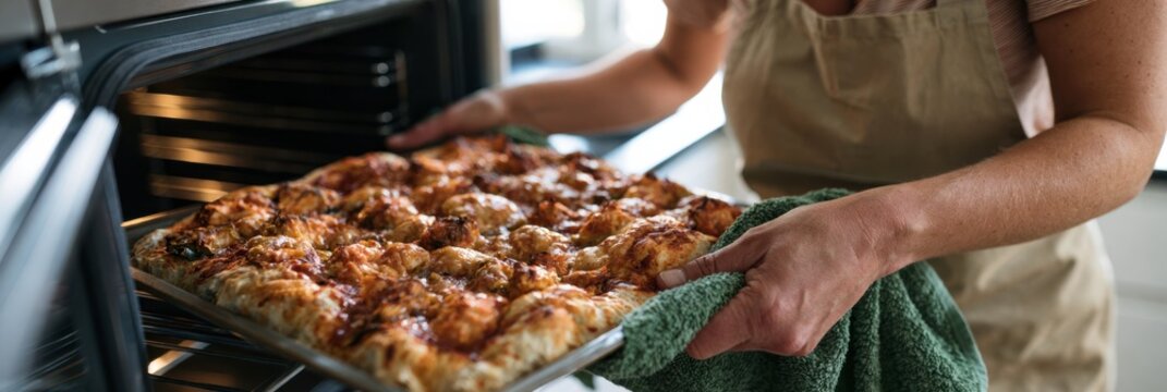 Home cook taking rectangular pizza from oven in modern kitchen