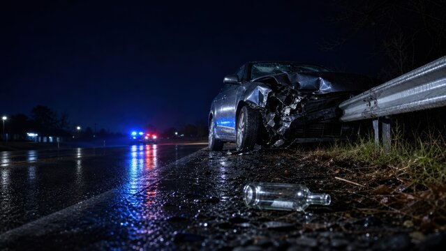 Damaged car crashed into guardrail on wet road at night with police lights