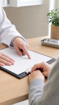 Doctor pointing at blank document explaining to patient in clinic with