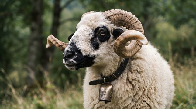 Close up profile shot of a Valais Blacknose sheep with large curled horns in a mountain meadow.
