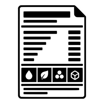 Nutrition Facts Label Document with Ingredient Icons, Black Vector Icon for Food Information