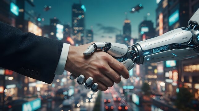 Human and robot handshake in futuristic cityscape at night