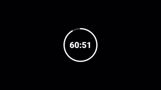 Count up animation from 60 minute to 70 minute, Sixty minute to seventy minute countdown in 1 minute on a tranparent background in 4k with alpha channel.