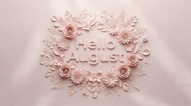 Elegant floral paper art with 'Hello August' text in pastel pink