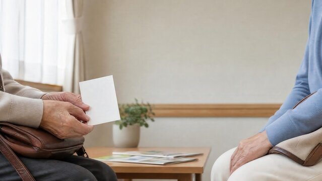 Senior hands holding blank card in bright waiting room with copy space
