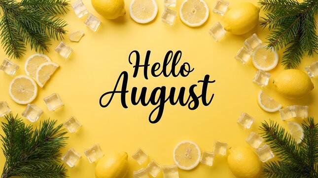 Hello August greeting with lemons and ice on yellow background