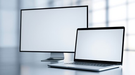 Fototapeta premium A modern laptop and a sleek monitor are placed side-by-side on a reflective surface, both displaying blank white screens, ready for content.