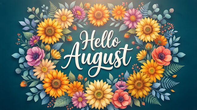 Vibrant Floral Wreath with Hello August Text on Teal Background