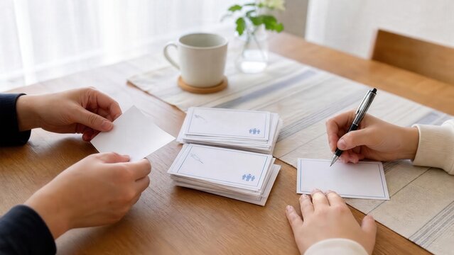 Two people sorting vaccination cards at home for health management