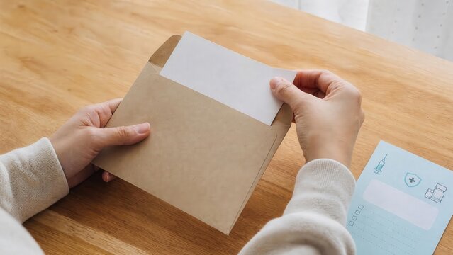 Hands opening kraft envelope beside vaccination record on wooden desk