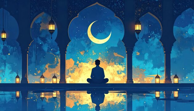 Man meditating in a serene mosque courtyard by the water