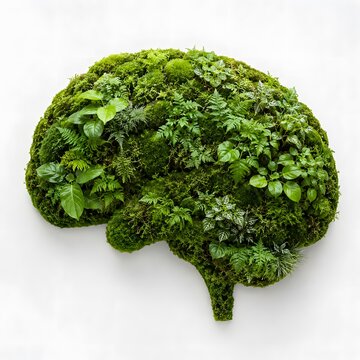 Green brain shape made of moss and plants on white background