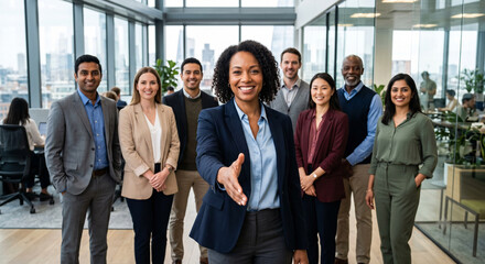Obraz premium A diverse team of business professionals in a modern office, led by a smiling woman extending a handshake toward the viewer. 
