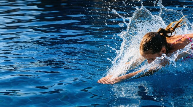 Active young girl diving into a crystal clear blue swimming pool creating a dynamic water splash during a sunny summer vacation day