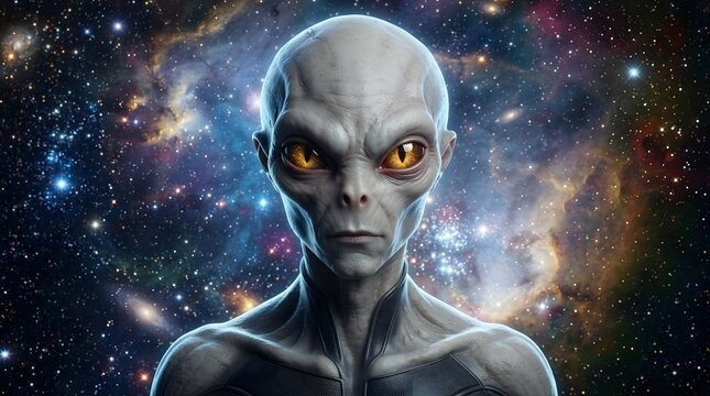 Alien with glowing eyes in a cosmic starry background