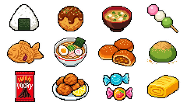 Set of Japanese Cuisine Food Icons in Pixel Art Style