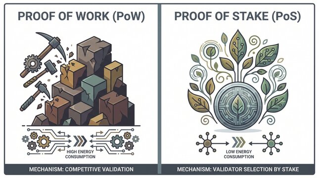Proof of Work vs. Proof of Stake blockchain mechanisms, competitive validation and validator selection, high energy consumption vs. low energy consumption, cryptocurrency concept illustration