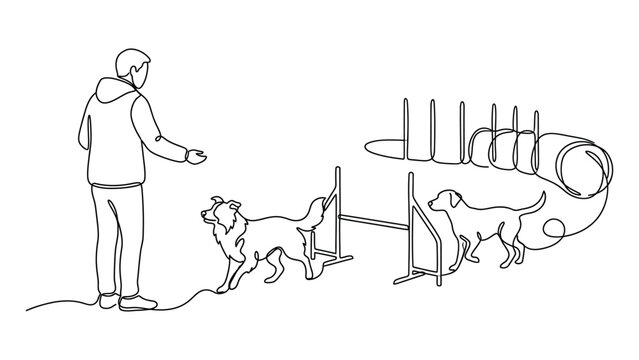 Continuous line art of a dog trainer working with dogs on an agility course
