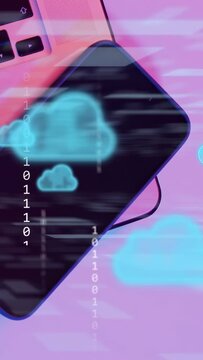 Vertical video: Charging cable plugging, phone screen lighting with neon clouds syncing for backup