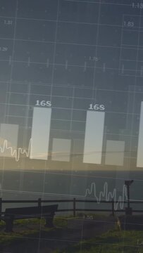 Vertical video: Data overlay fading in moving bars and wave sweeping light over bench showing stats