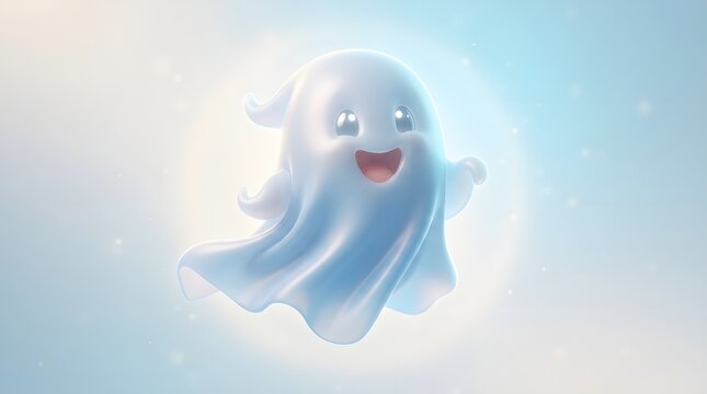 Cute cartoon ghost floating in a soft glowing light