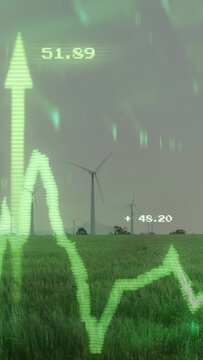 Vertical video: Animated green line entering lower-left spiking over turbines, showing power trends