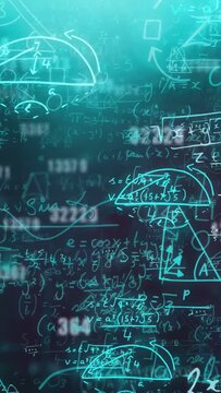 Vertical video: Bright cyan marks appearing, formulas and diagrams tracing center, visualizing math