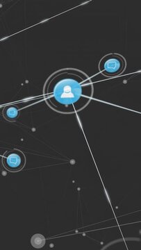 Vertical video: Bright streak sweeping grid, nodes lighting, avatars linking lines, mapping network
