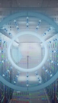 Vertical video: HUD activating, sector sweeping, markers pulsing, rack LEDs flashing for monitoring