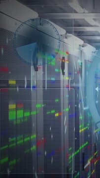 Vertical video: Server racks getting alert, showing code panel, gauge and streaming signals for ops