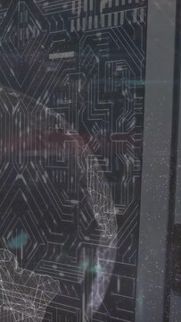 Vertical video: Glass panel showing holo appearing left, globe sliding right, door entering for AR