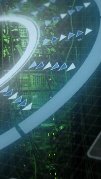 Vertical video: HUD starting scan, camera panning while arrow markers tracing arcs to monitor rack