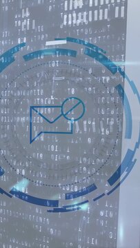 Vertical video: Binary cascade sparking blue HUD fading rotating pulsing to highlight chat search