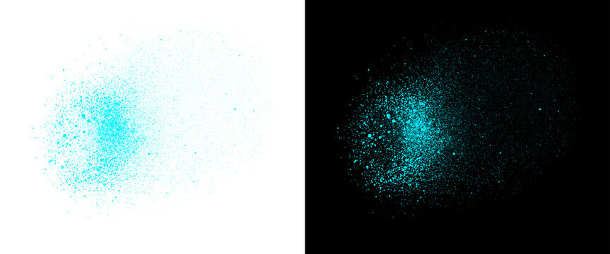 Cyan spray paint texture on white and black backgrounds, turquoise graffiti splatter effect, vibrant blue aerosol mist for urban street art design