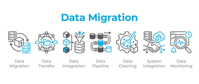 Data migration icon set, cloud transfer and system integration, digital pipeline vector art