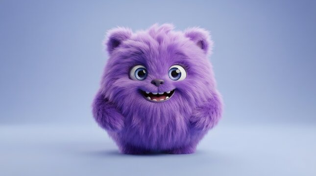 Adorable fluffy purple monster with big eyes on blue background