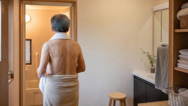 Senior man wrapped in towel at bathroom door for heat shock prevention