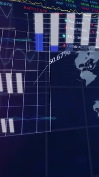 Vertical video: Financial dashboard camera tilting bars filling ticker sliding highlighting markets