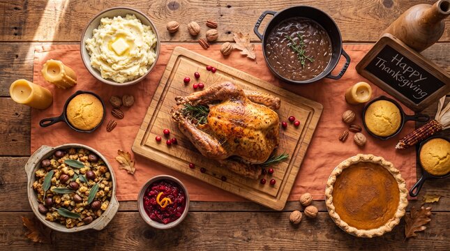 Traditional Thanksgiving dinner feast on rustic wood table, roasted turkey with autumn side dishes, festive holiday meal with pumpkin pie and cranberry sauce