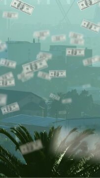 Vertical video: Top overlay appearing, glossy bills falling across hazy roofs, palm adding depth